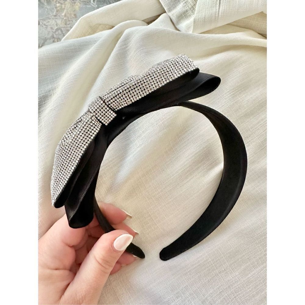 Sparkly Rhinestone black satin bow headband ￼ - Picture 6 of 6